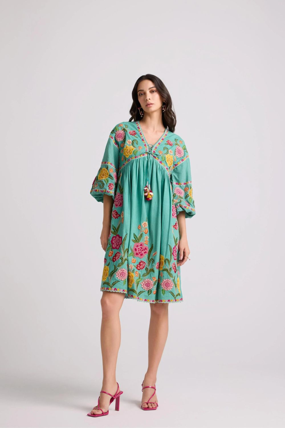 Aqua Embroidered Gathered Dress