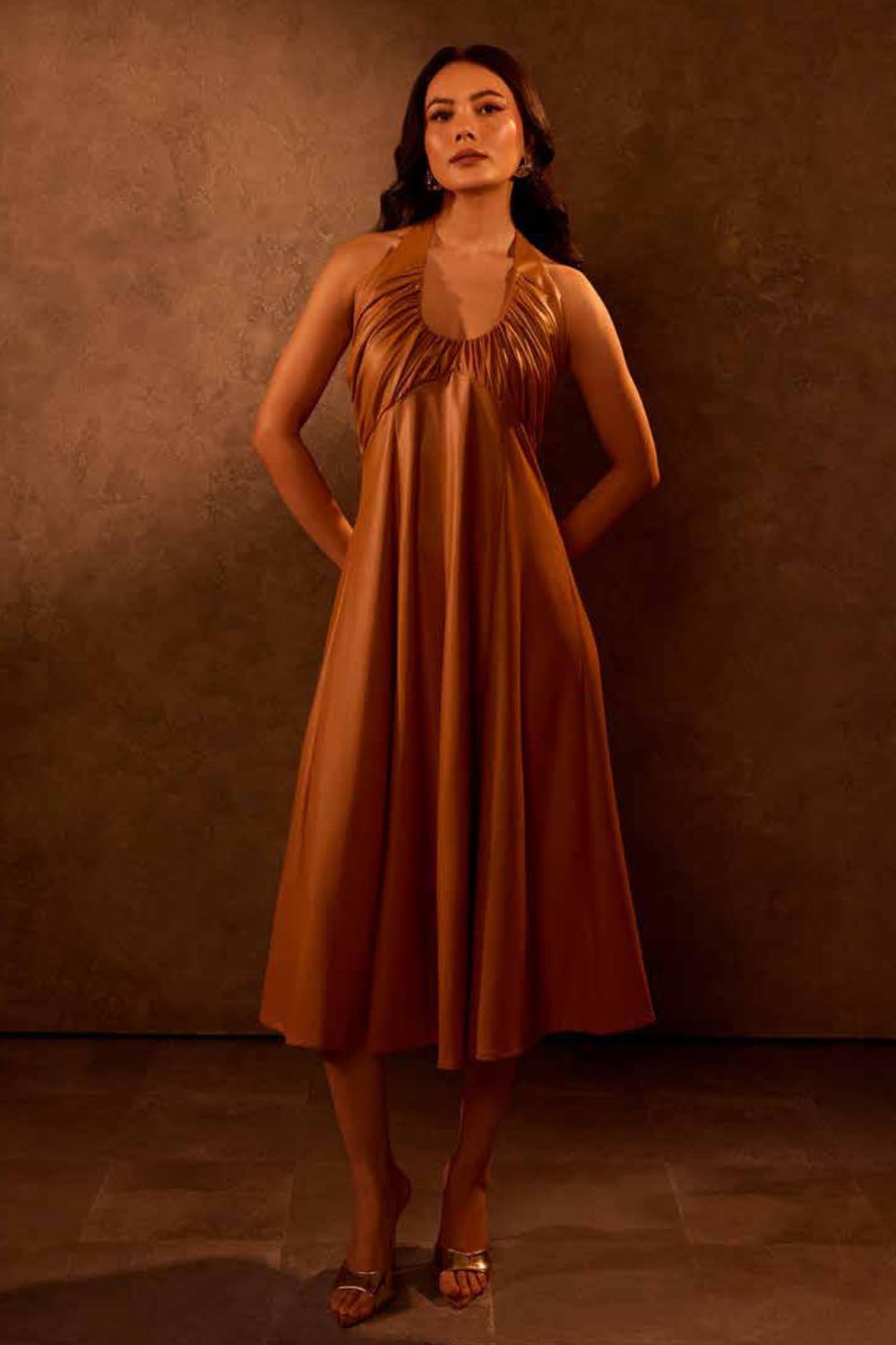Tan Faux Leather Bustier Halter Midi