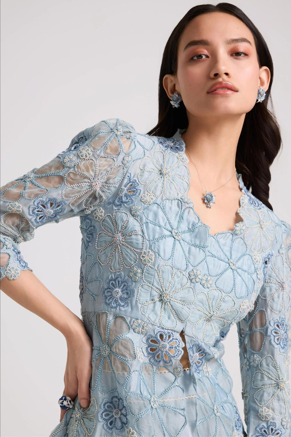 Powder Blue Sheer Applique Peplum Jacket