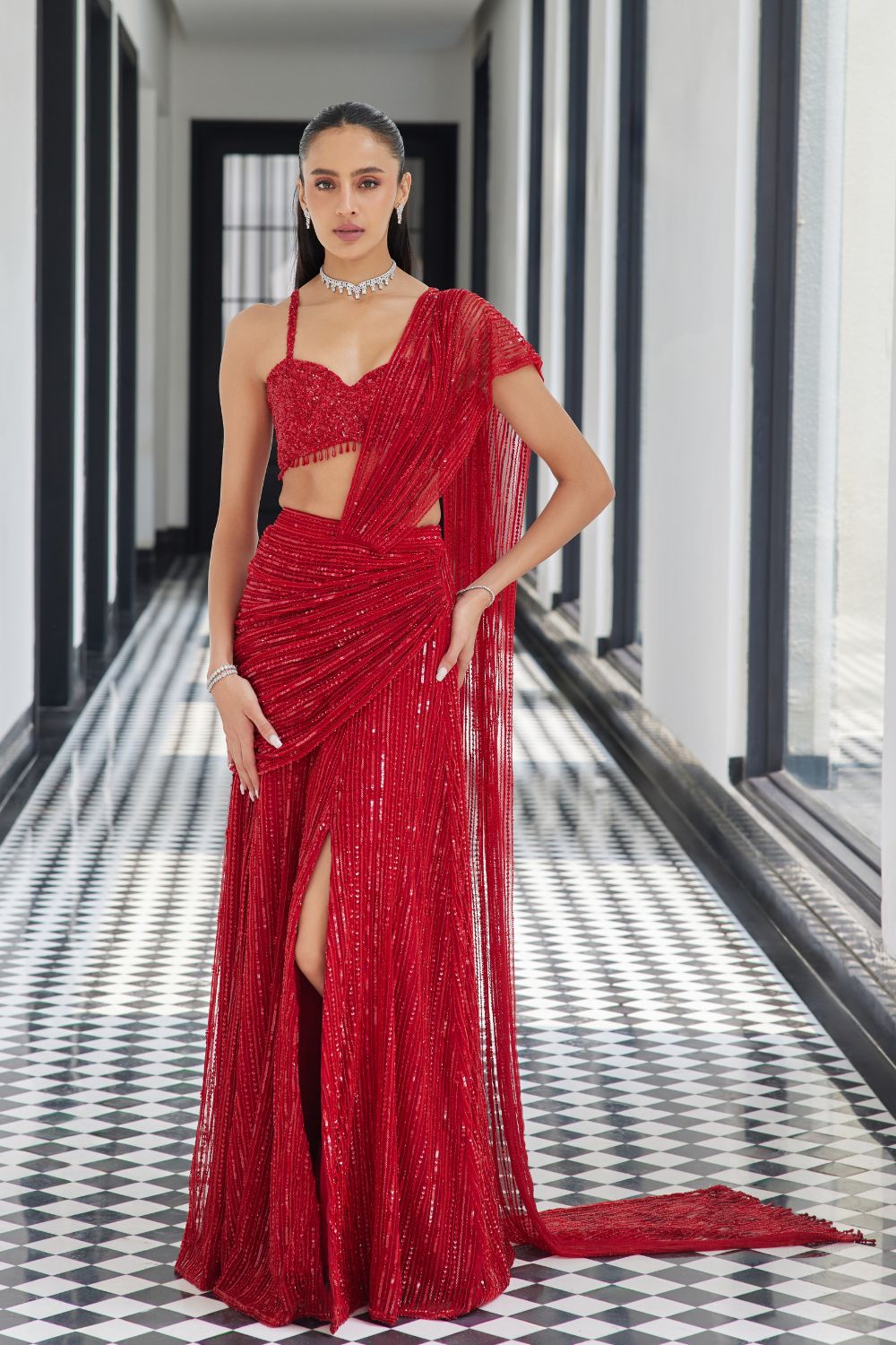 red saree dress design EE-S49666 Maroon Saree Dress sakhifashions