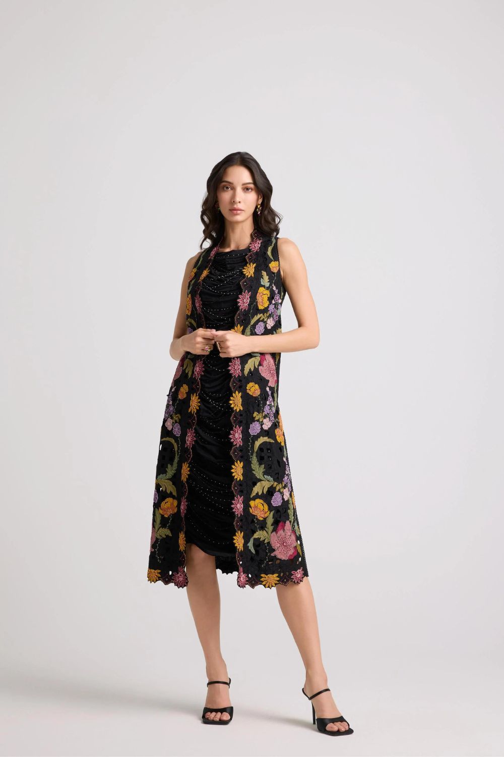 Black Floral Threadwork and Beadwork Long Jacket