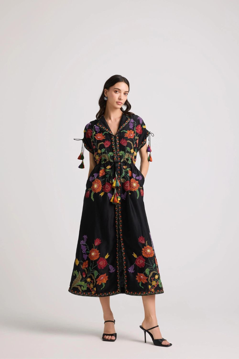 Black Applique and Beadwork Shirt Dress