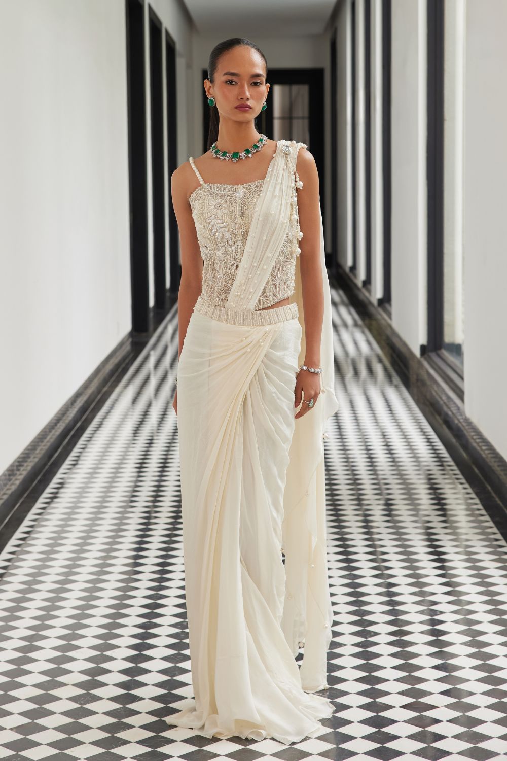 Ivory Drape Saree with a Corset Blouse