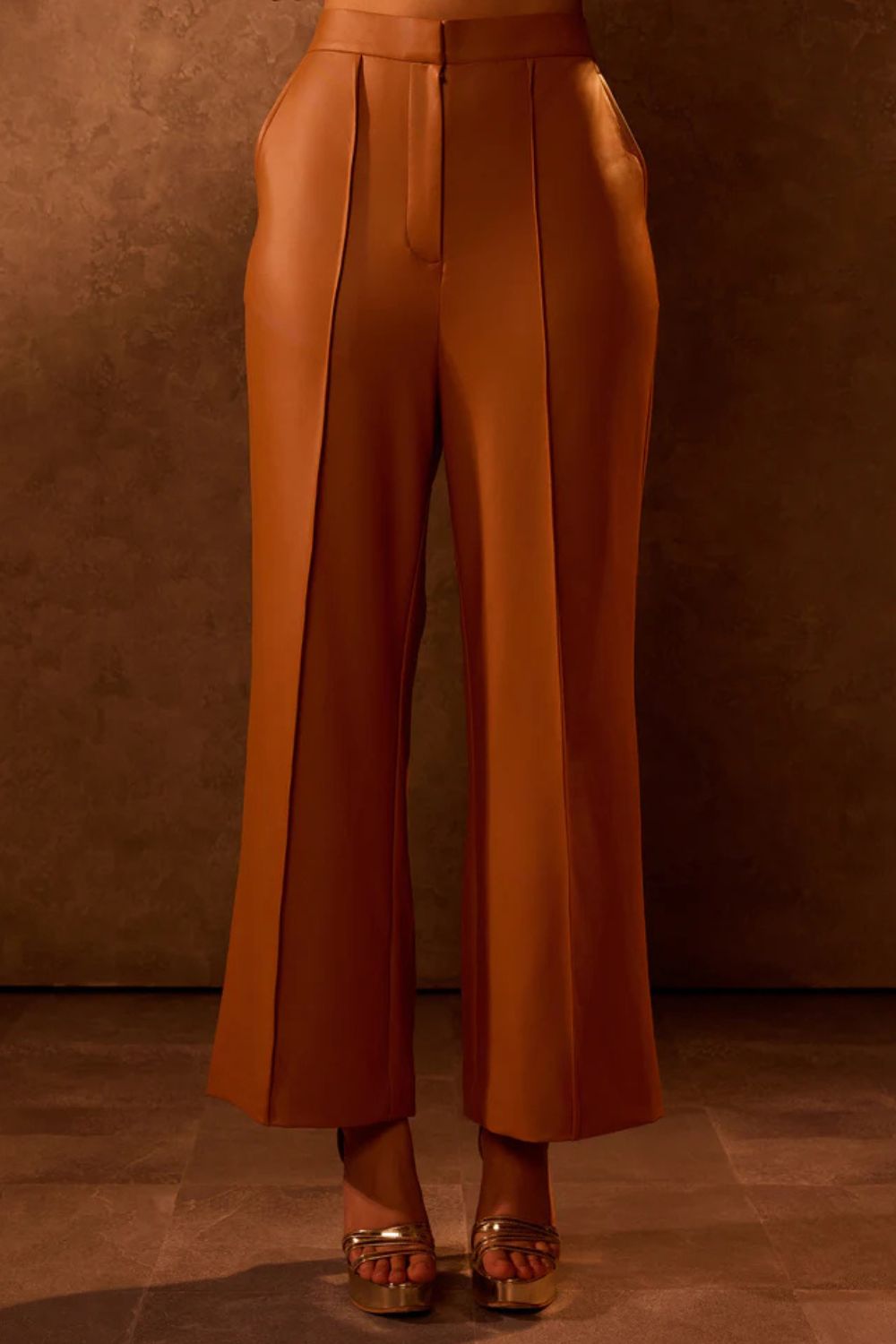 Tan Faux Leather Straight Fit Trouser