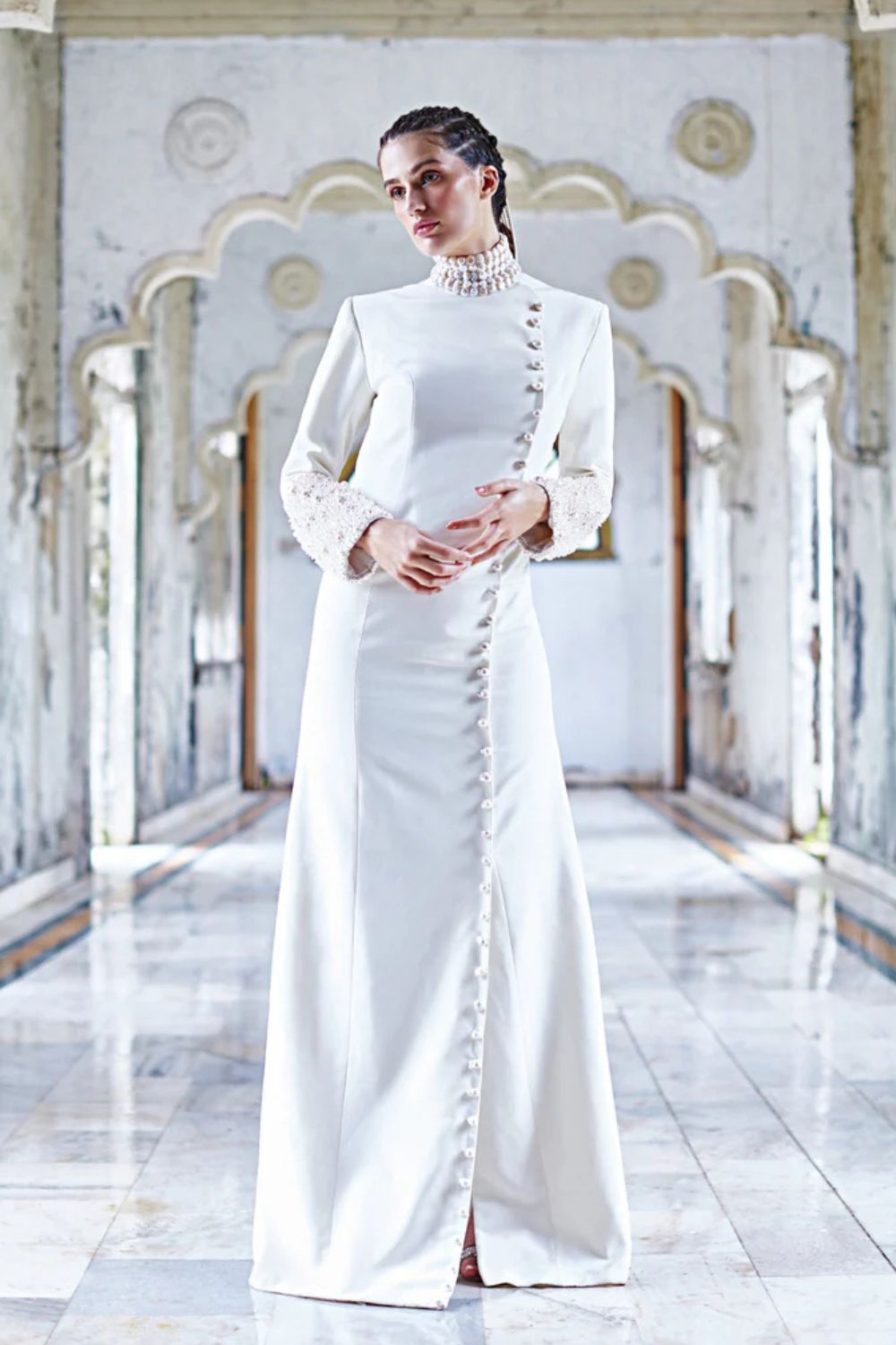 White Embellished Jacket Gown