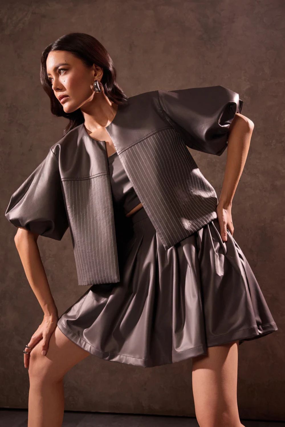 Grey Faux Leather Bubble Sleeve Crop Jacket