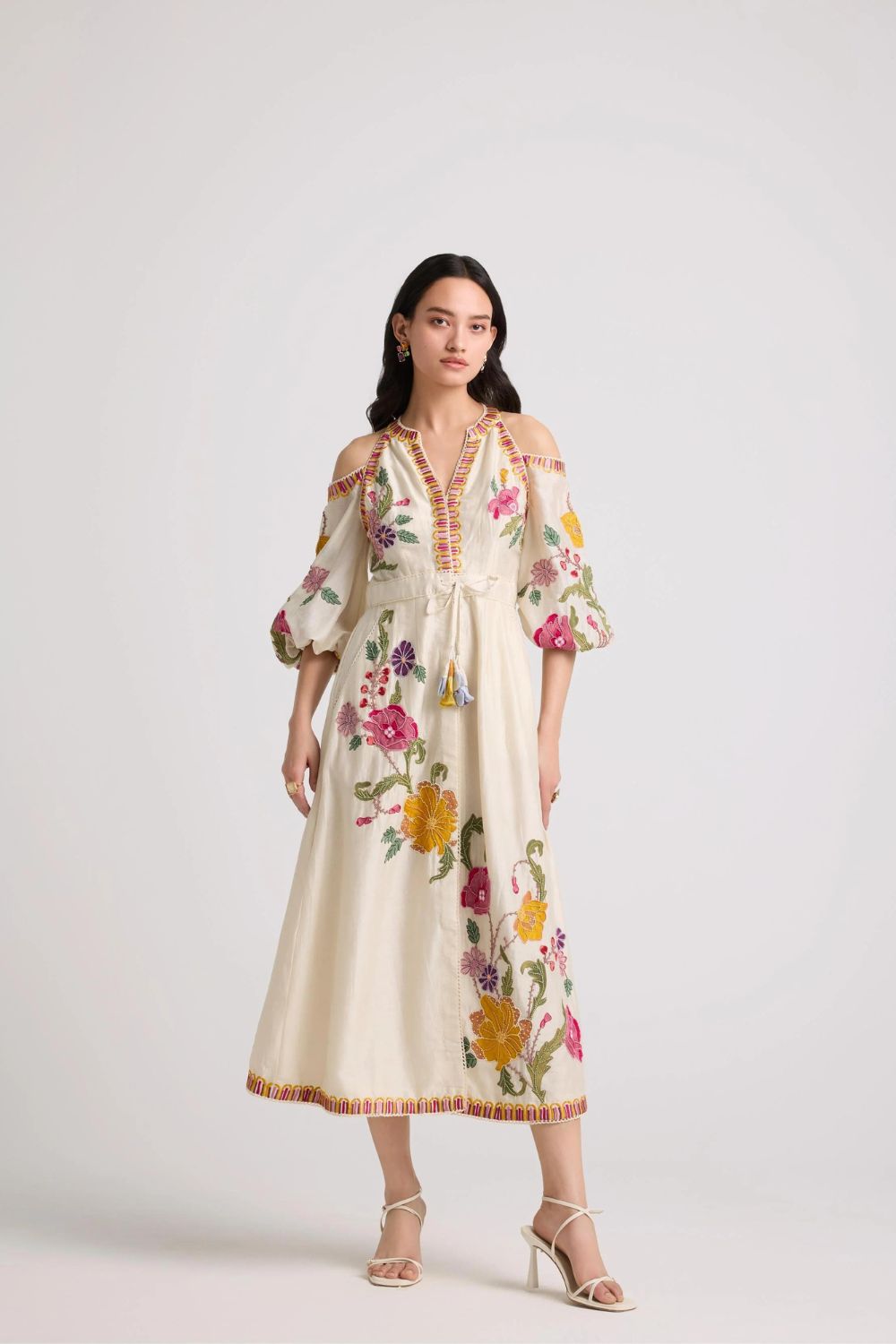 Ivory Floral Cold Shoulder Midi Dress
