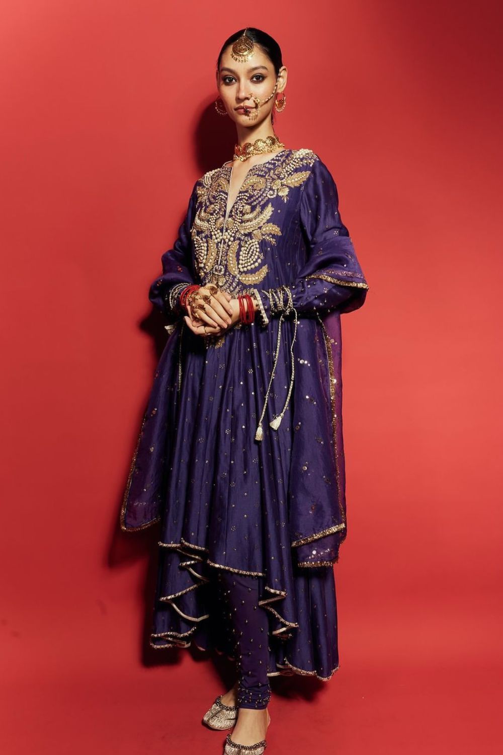 Purple High Low Anarkali with Churidar & Dupatta
