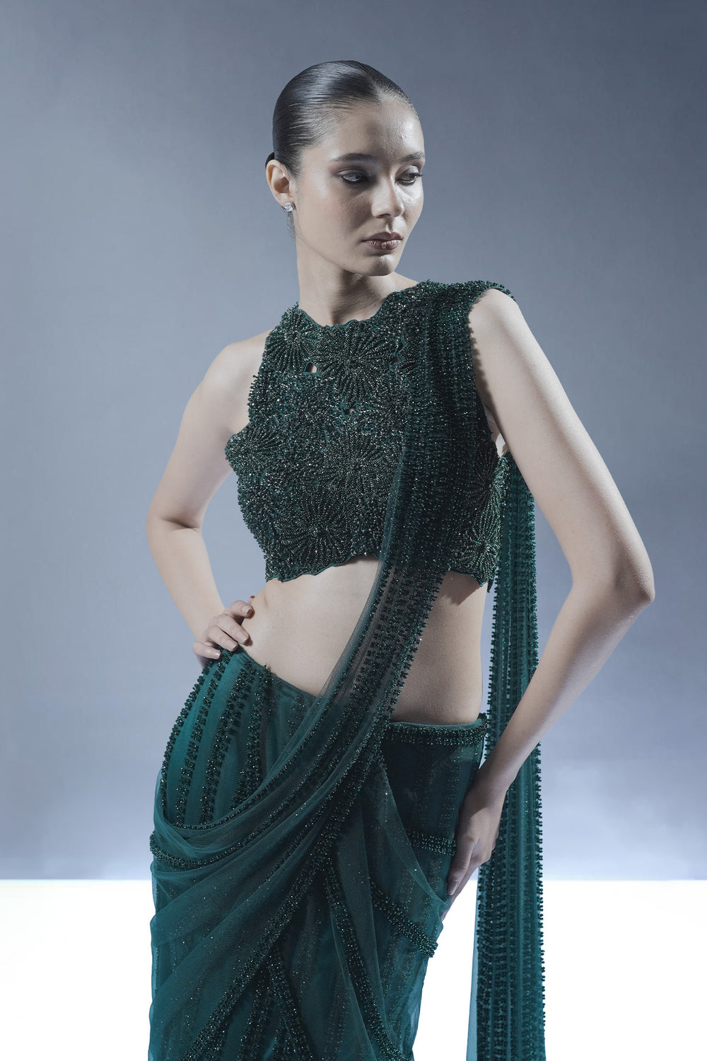 Embellished Pre-Draped Saree Set