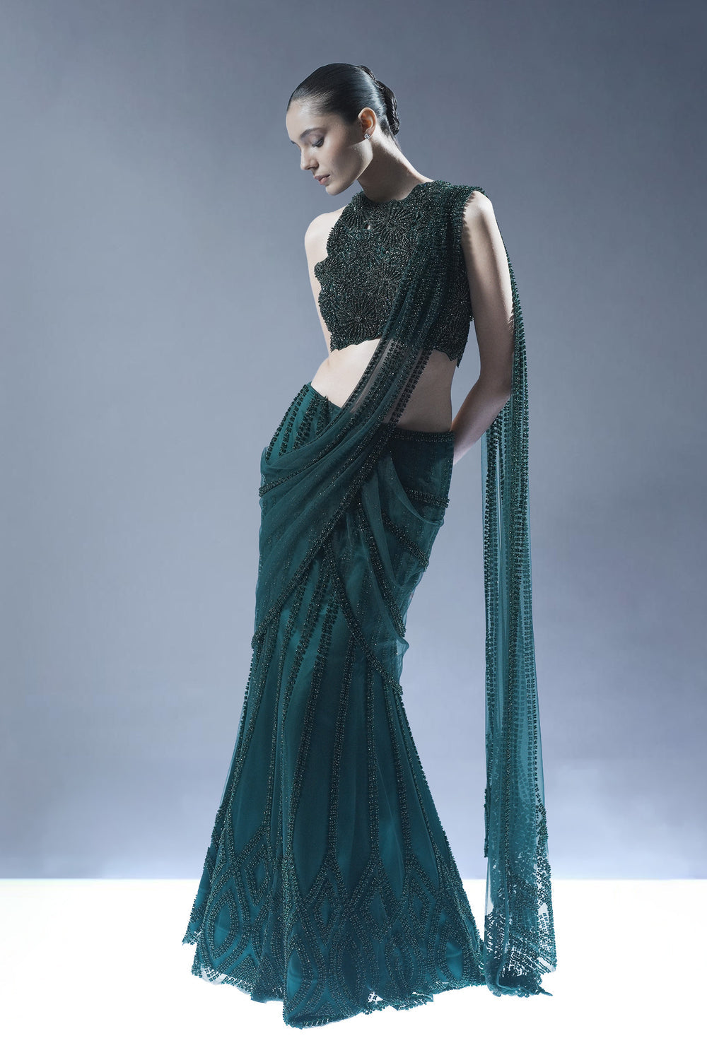Embellished Pre-Draped Saree Set