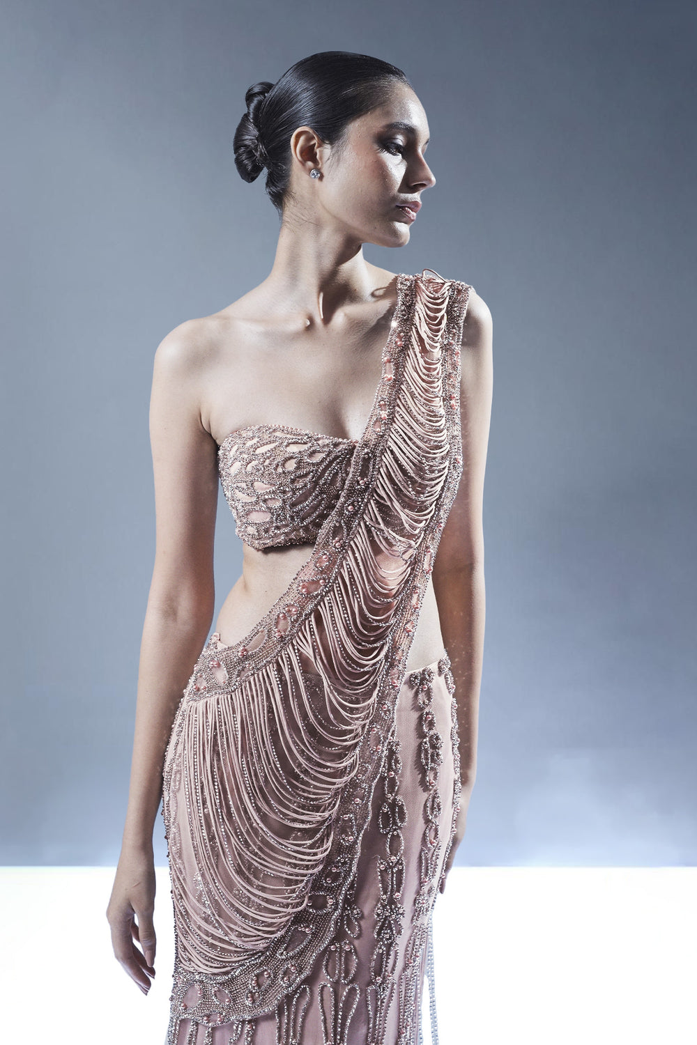 Blush Rose Embellished Drape Saree with Cape