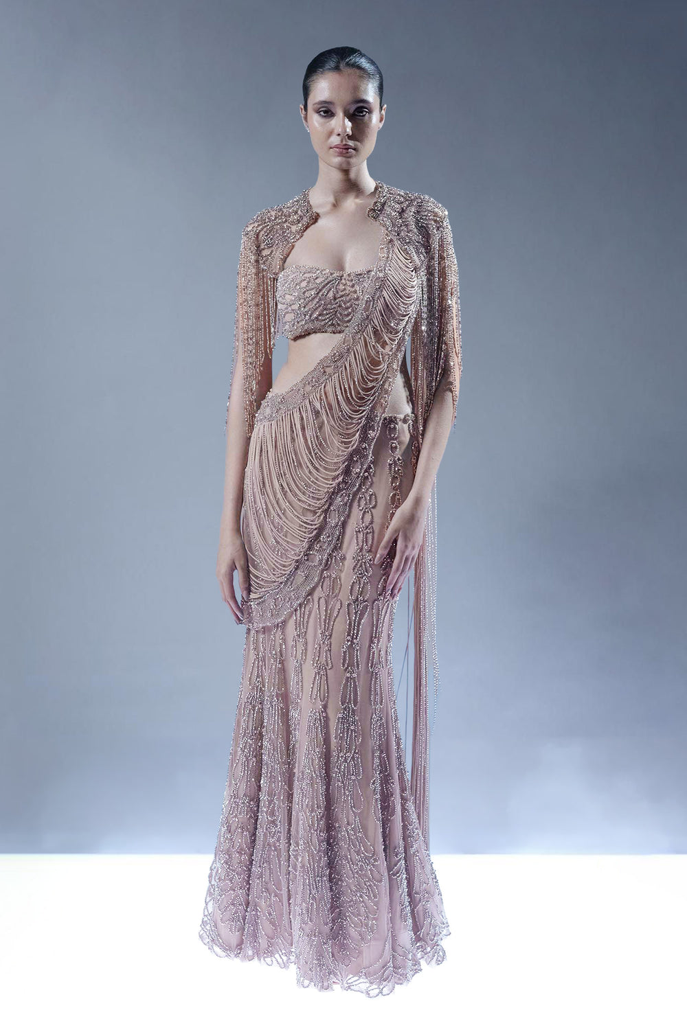 Blush Rose Embellished Drape Saree with Cape