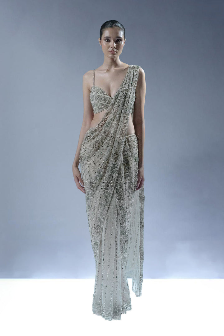 Ecru Crystal Embellished Pre-Draped Saree