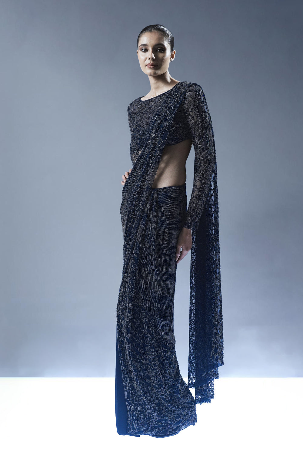 Midnight Blue Embellished Drape Saree