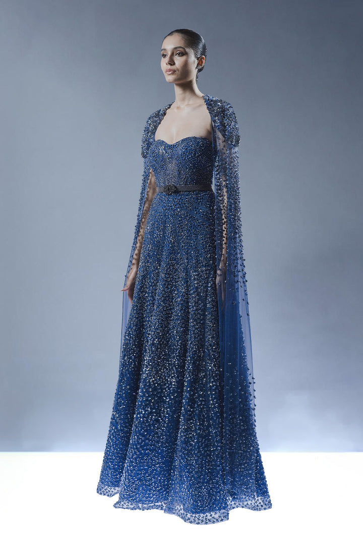 Royal Sapphire Embellished Gown with Cape