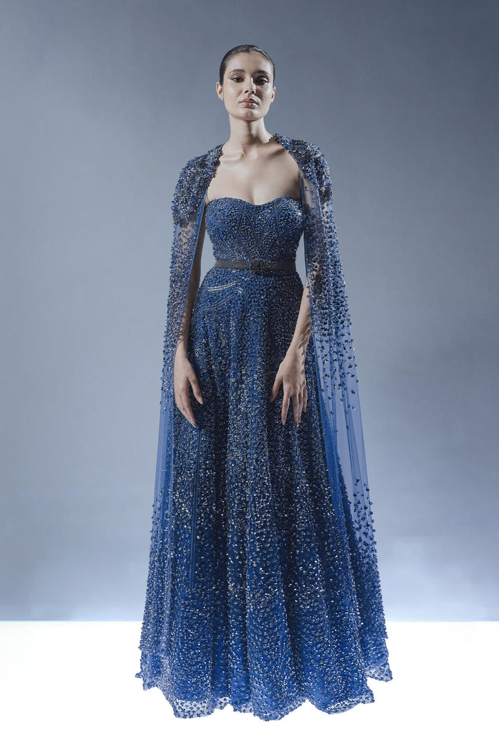 Royal Sapphire Embellished Gown with Cape