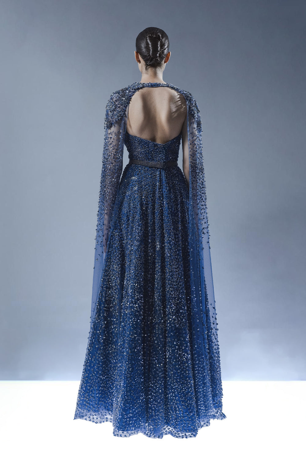 Royal Sapphire Embellished Gown with Cape