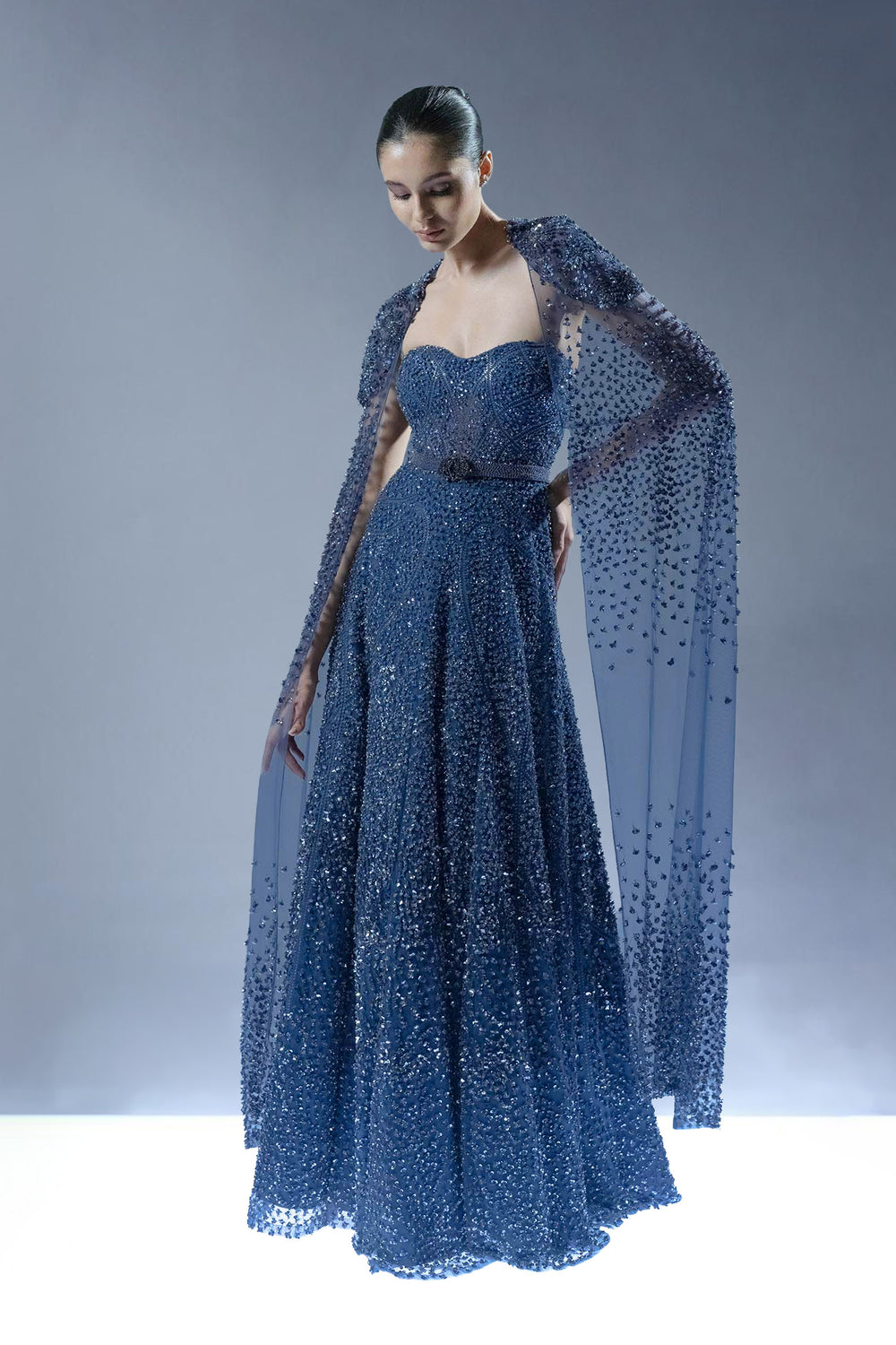 Royal Sapphire Embellished Gown with Cape