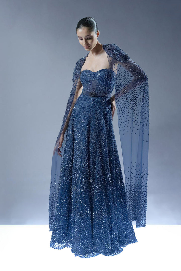 Royal Sapphire Embellished Gown with Cape
