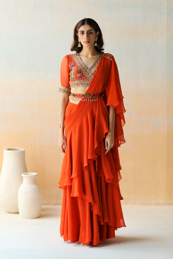 Fire Orange Pre-Draped Saree Set