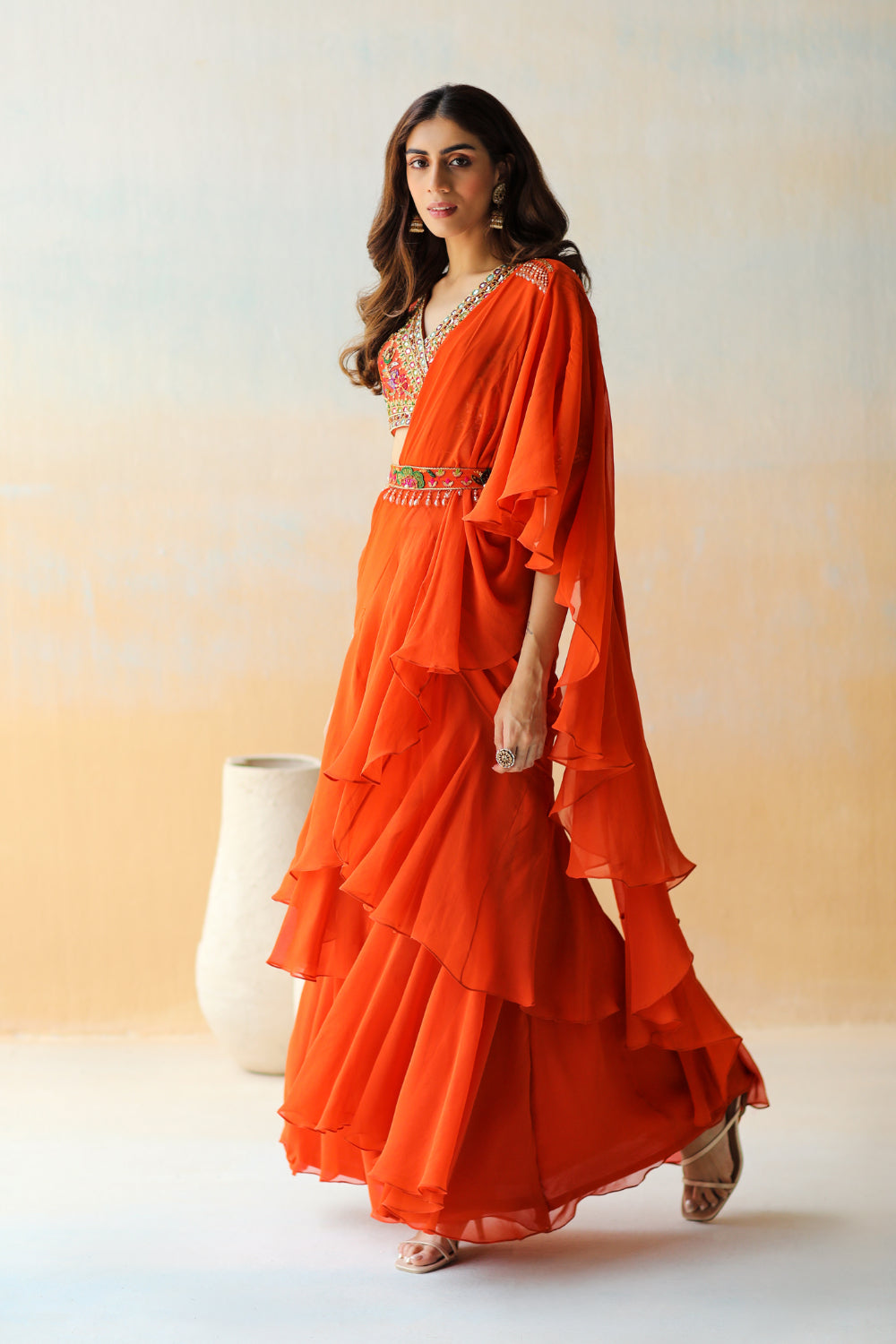 Fire Orange Pre-Draped Saree Set