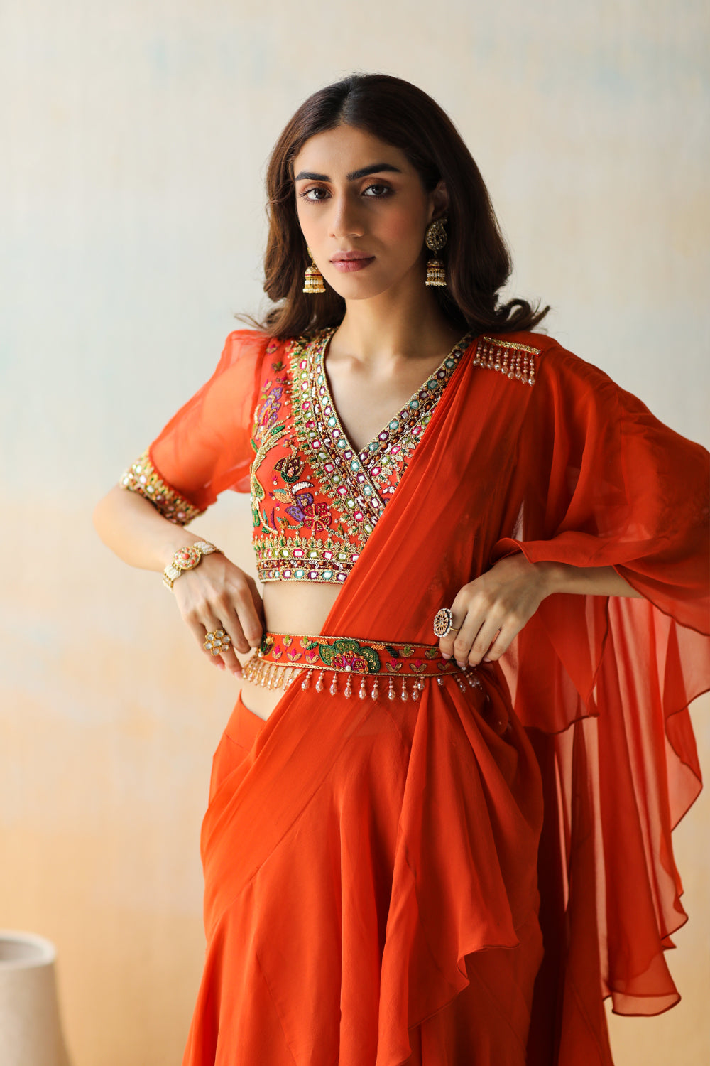 Fire Orange Pre-Draped Saree Set