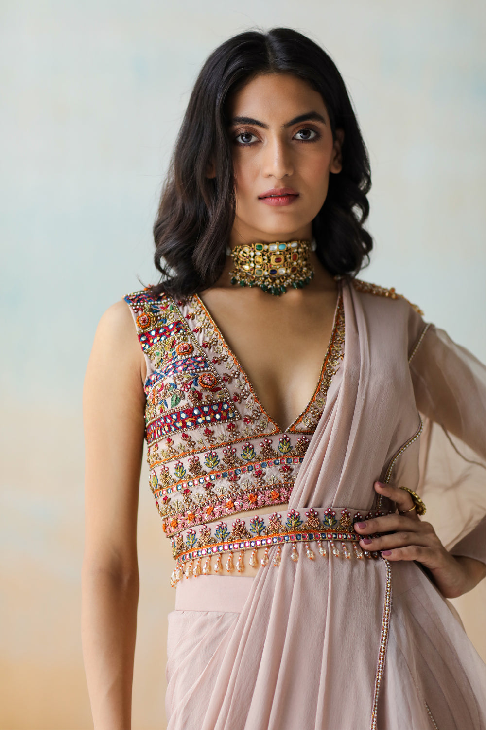 Light Beige Pre-Draped Saree Set