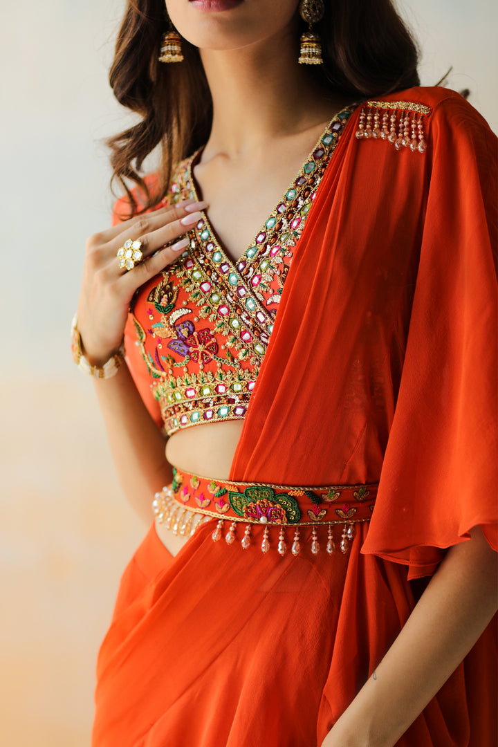 Fire Orange Pre-Draped Saree Set
