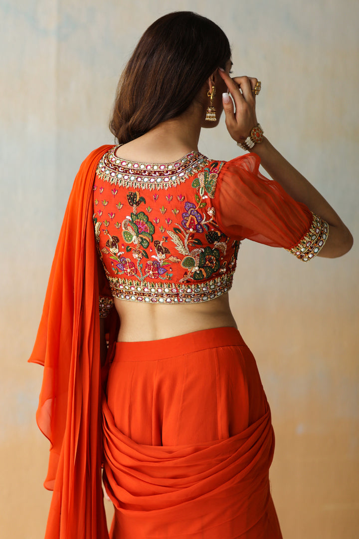 Fire Orange Pre-Draped Saree Set