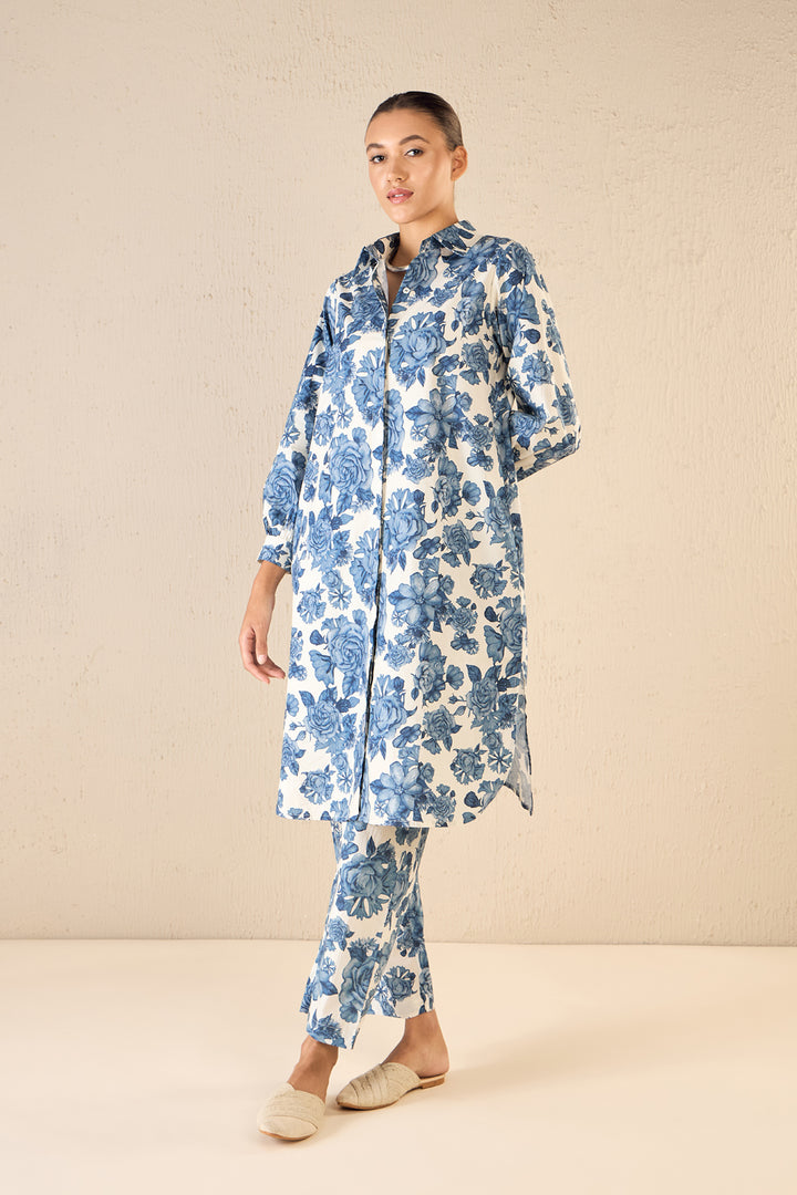 Blue Blossom Cotton Long Shirt Co-ord Set