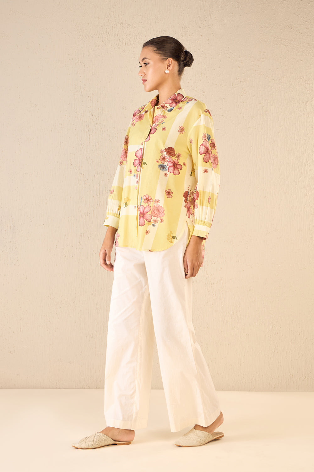Floral Fusion: Yellow & White Stripe Floral Shirt with Ivory Flair Pants
