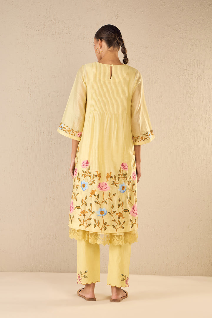 Gardenia Charm: Yellow Floral Embroidery Jaal Kurta Set