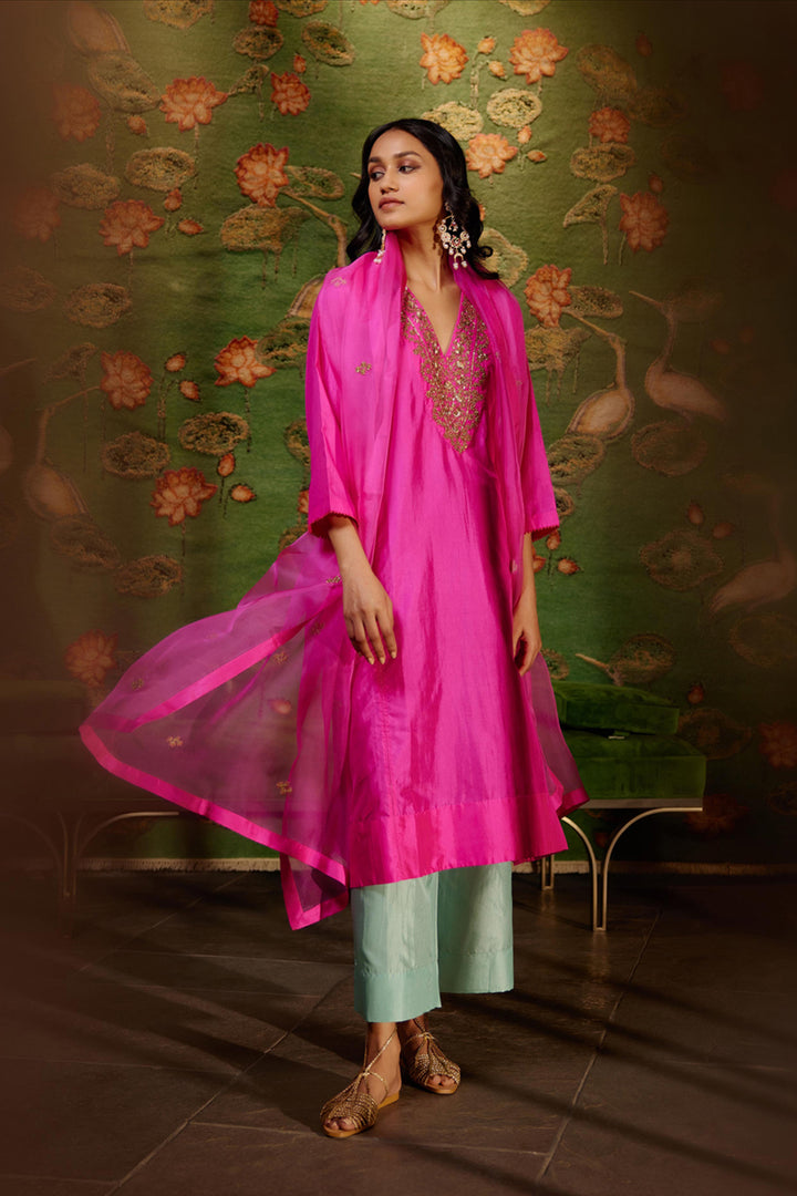 Hot Pink Embroidered Tunic & Trouser Set