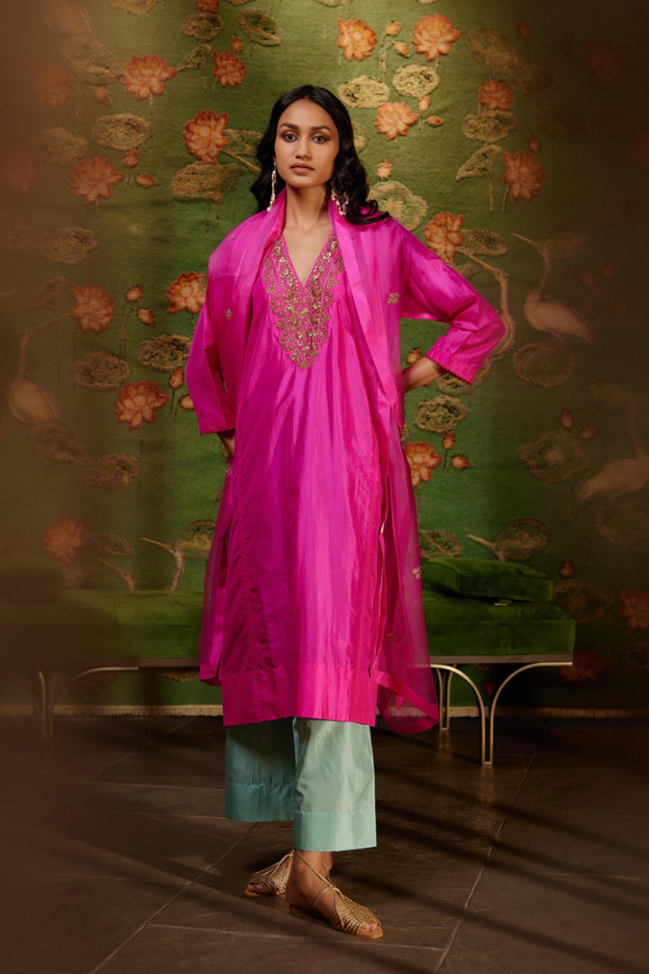 Hot Pink Embroidered Tunic & Trouser Set