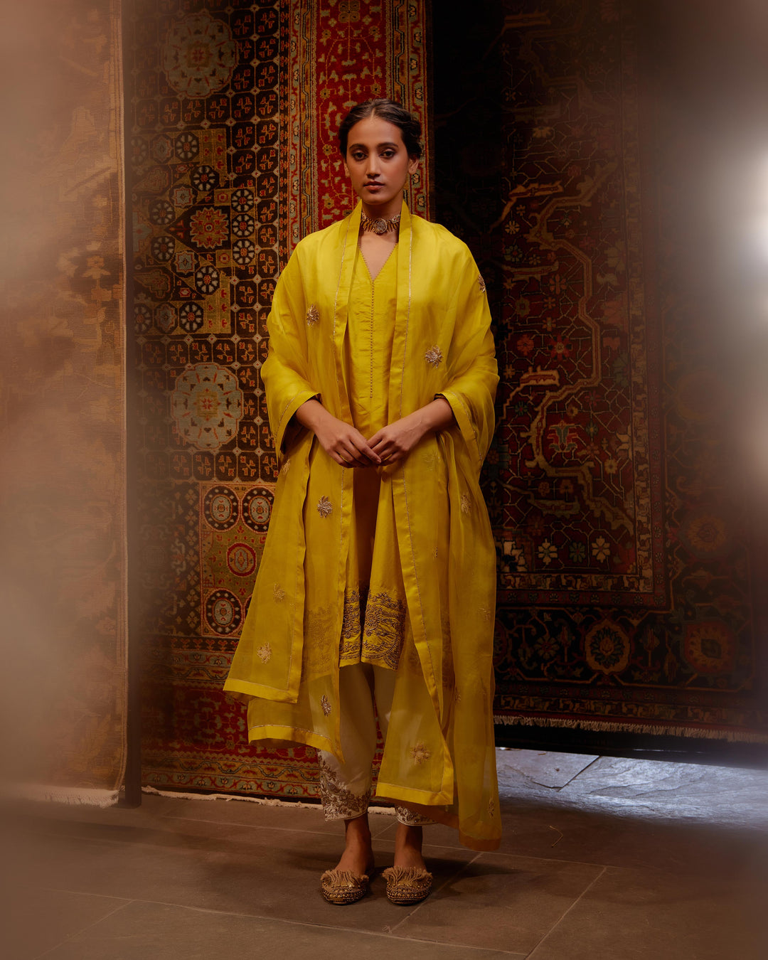 Embroidered Tunic & Trouser Set-Mustard