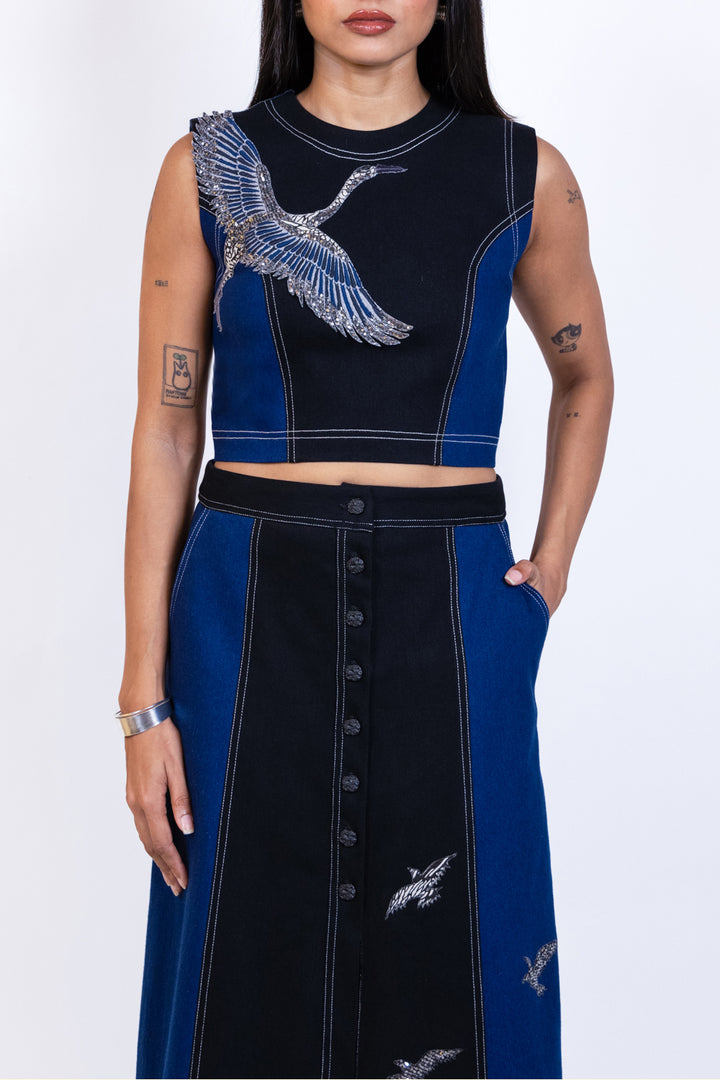 Black and Blue Sleeveless Denim Flamingo Button Midi Dress