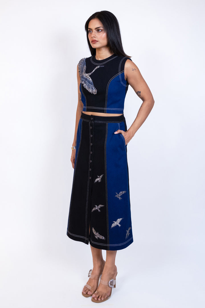 Black and Blue Sleeveless Denim Flamingo Button Midi Dress