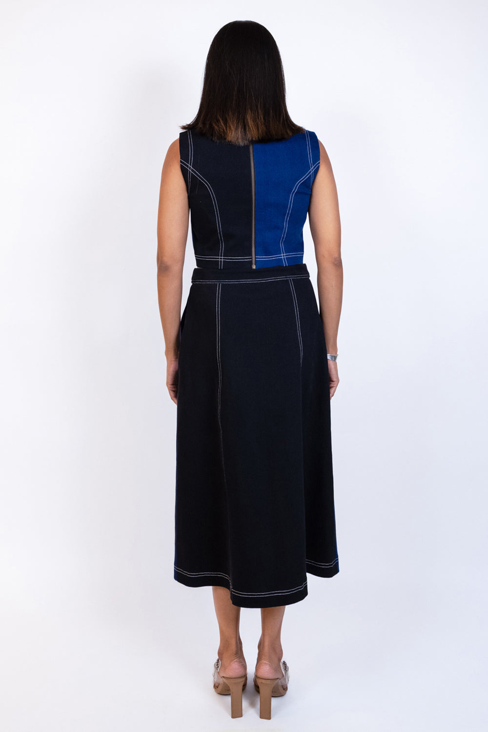 Black and Blue Sleeveless Denim Flamingo Button Midi Dress