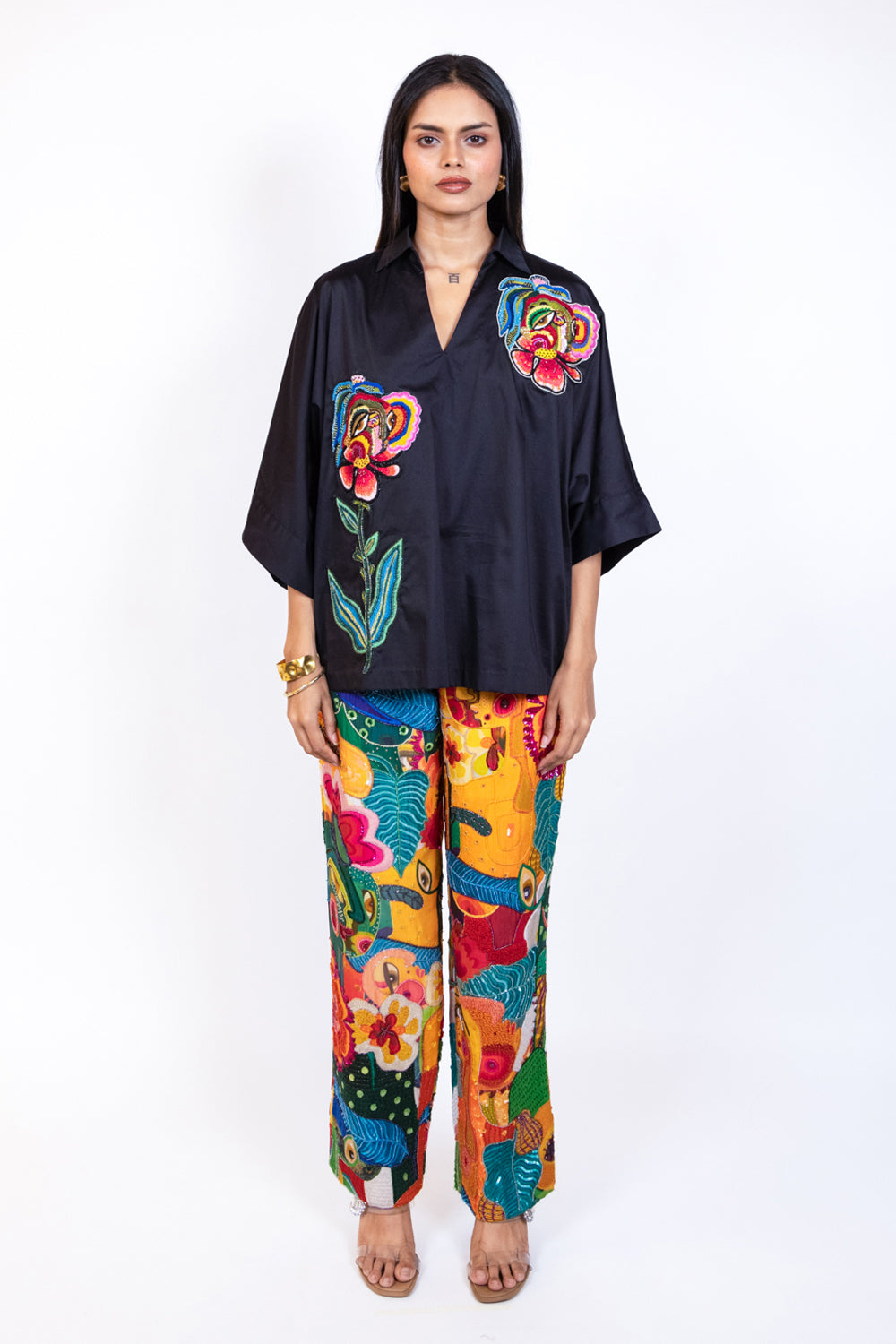 Semi embroidered multicolour flared trouser