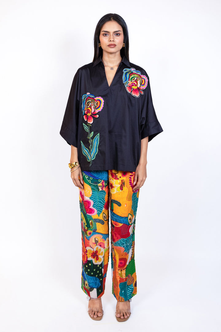 Semi embroidered multicolour flared trouser