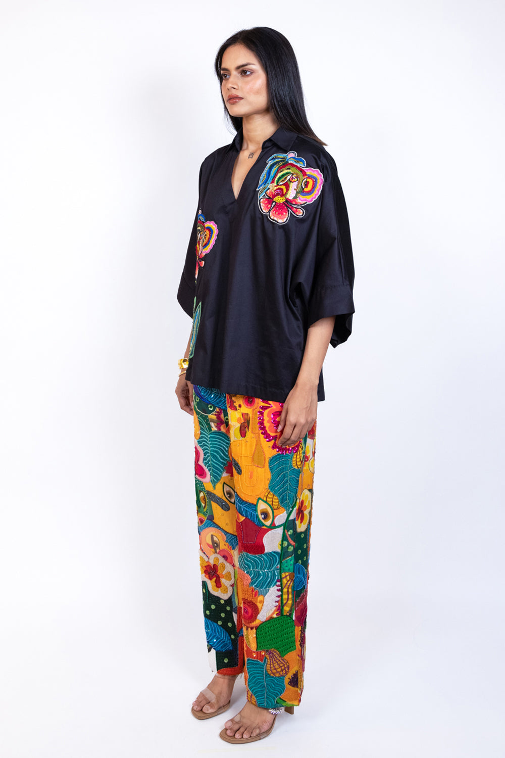 Semi embroidered multicolour flared trouser
