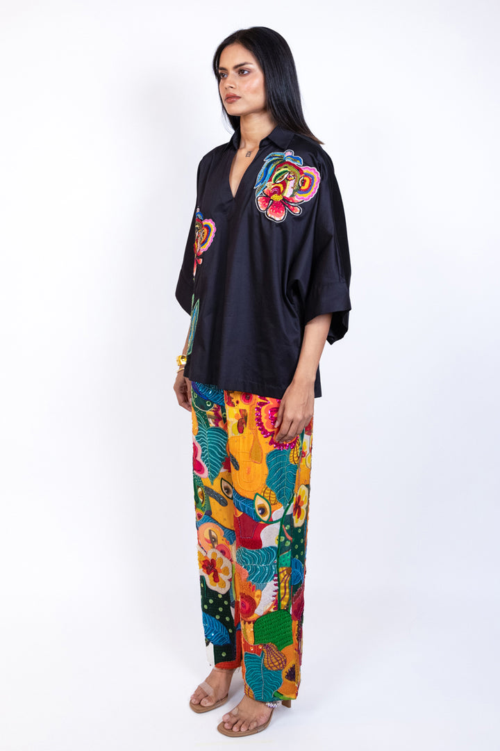 Semi embroidered multicolour flared trouser
