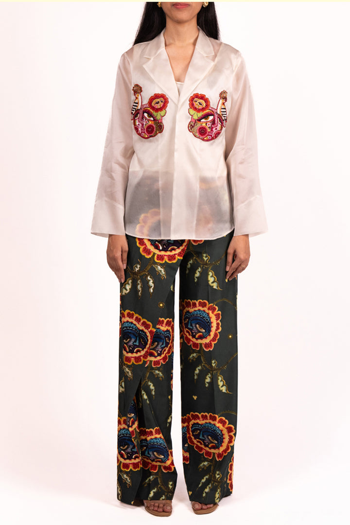 Green Flap Printed Flared Trouser