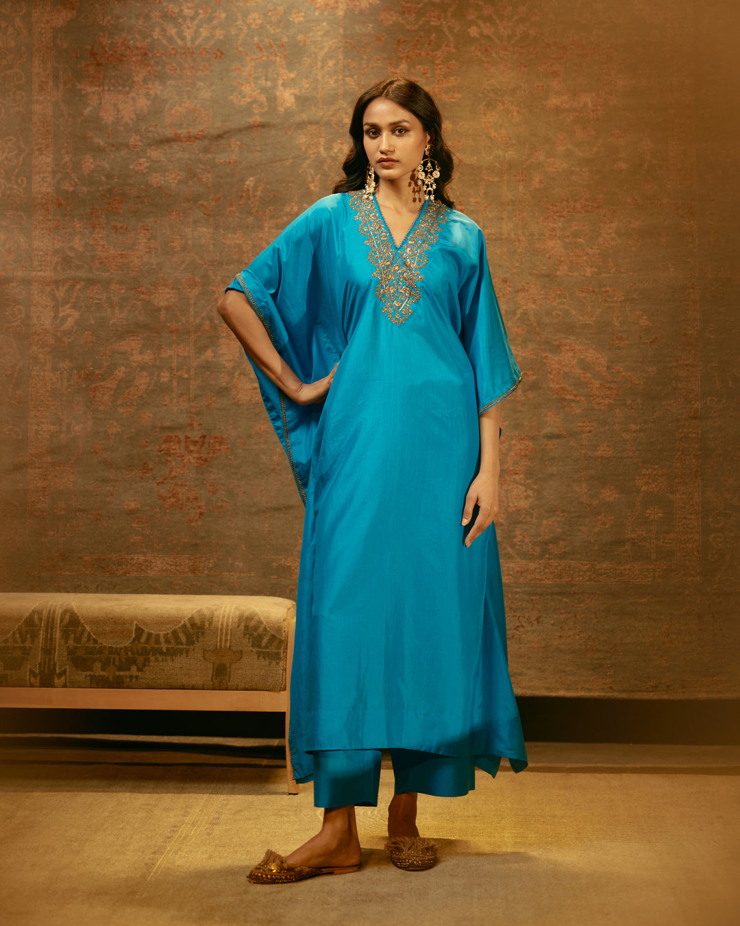 Embroidered Tunic & Trouser Set-Firozi