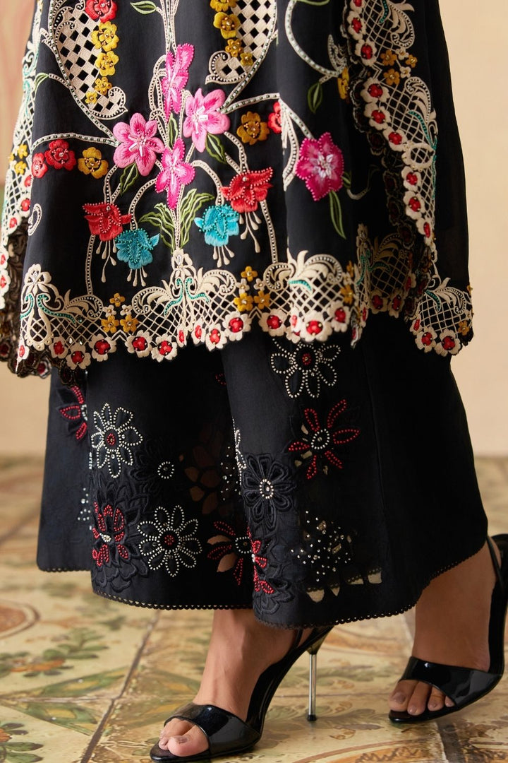 Black sheer applique & beadwork pants