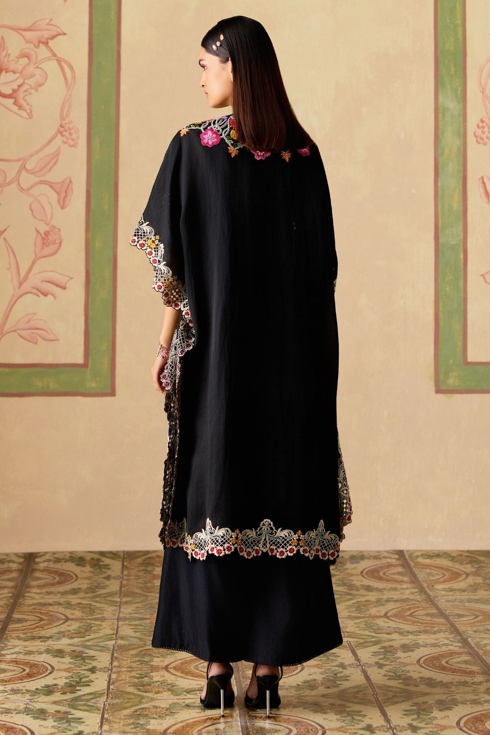 Black floral threadwork & beadwork kaftan