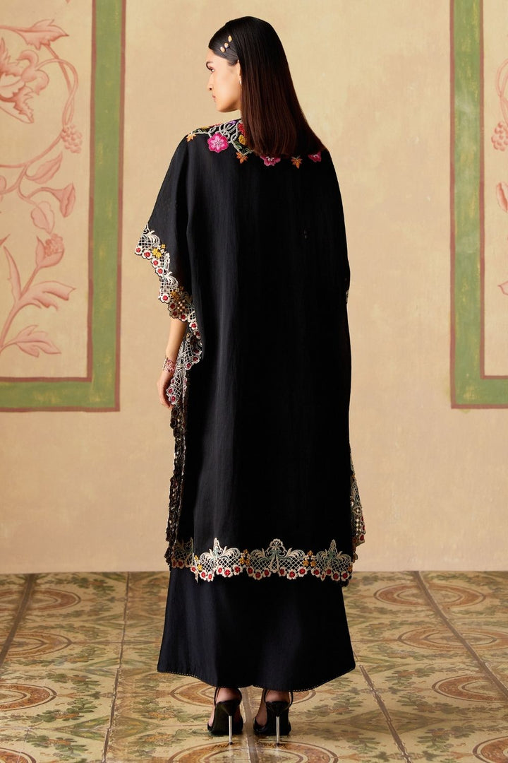 Black floral threadwork & beadwork kaftan