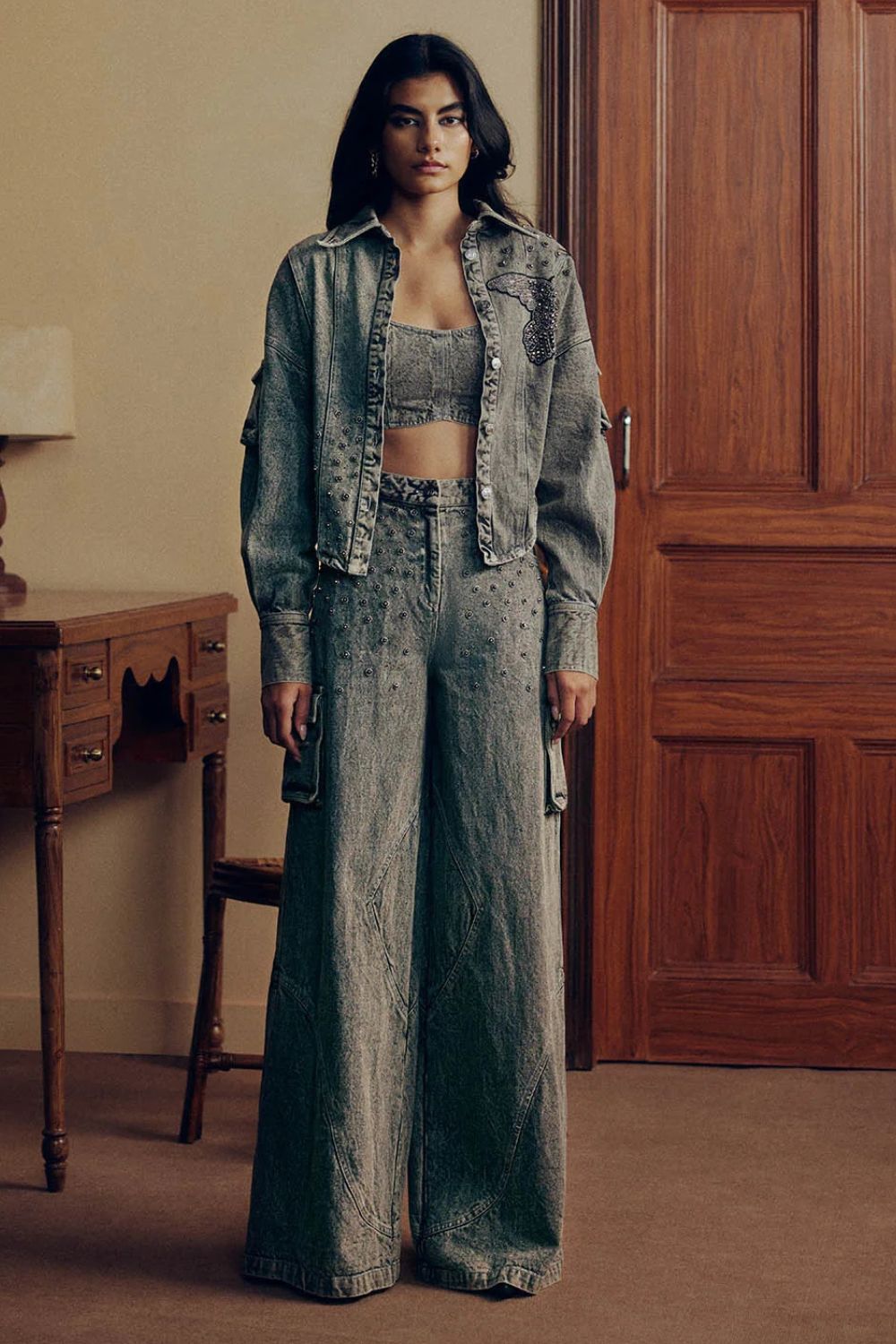 WASHED DENIM EMBELLISHED COORD SET