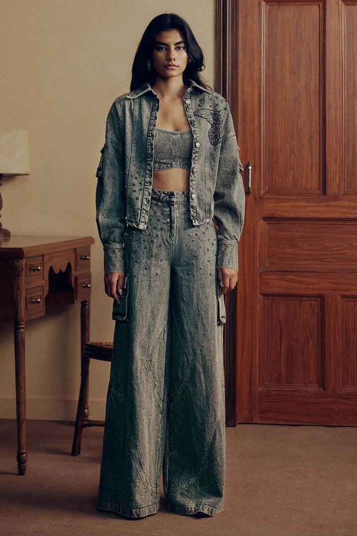 WASHED DENIM EMBELLISHED COORD SET