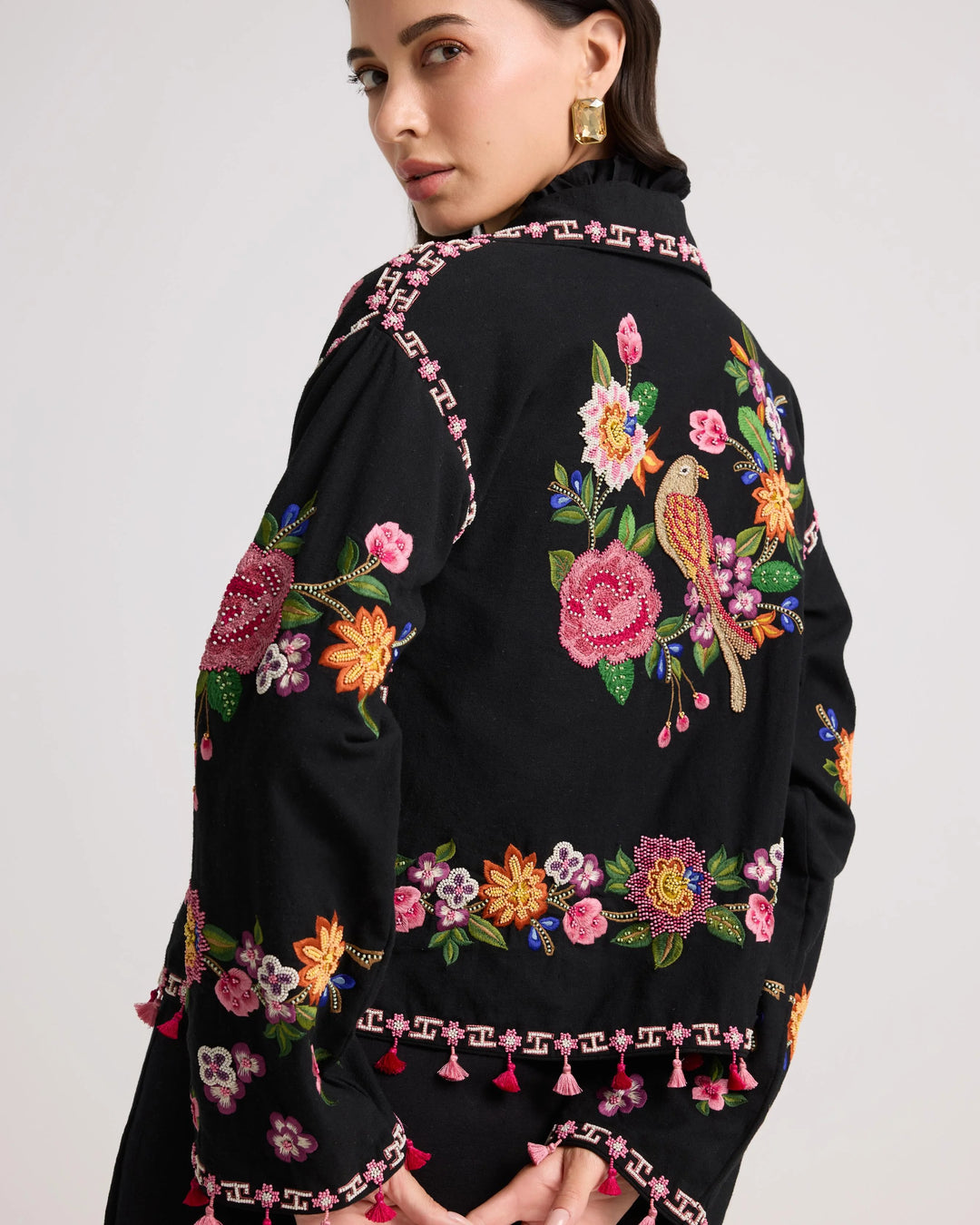 Black Floral Threadwork Short Jacket